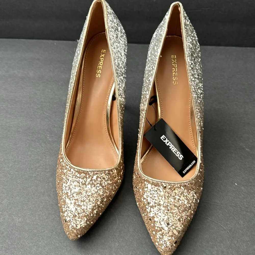 NWT- Sparkling Two-Tone Glitter Gold and Silver Express Pump Heel Size 7 - Picture 5 of 9